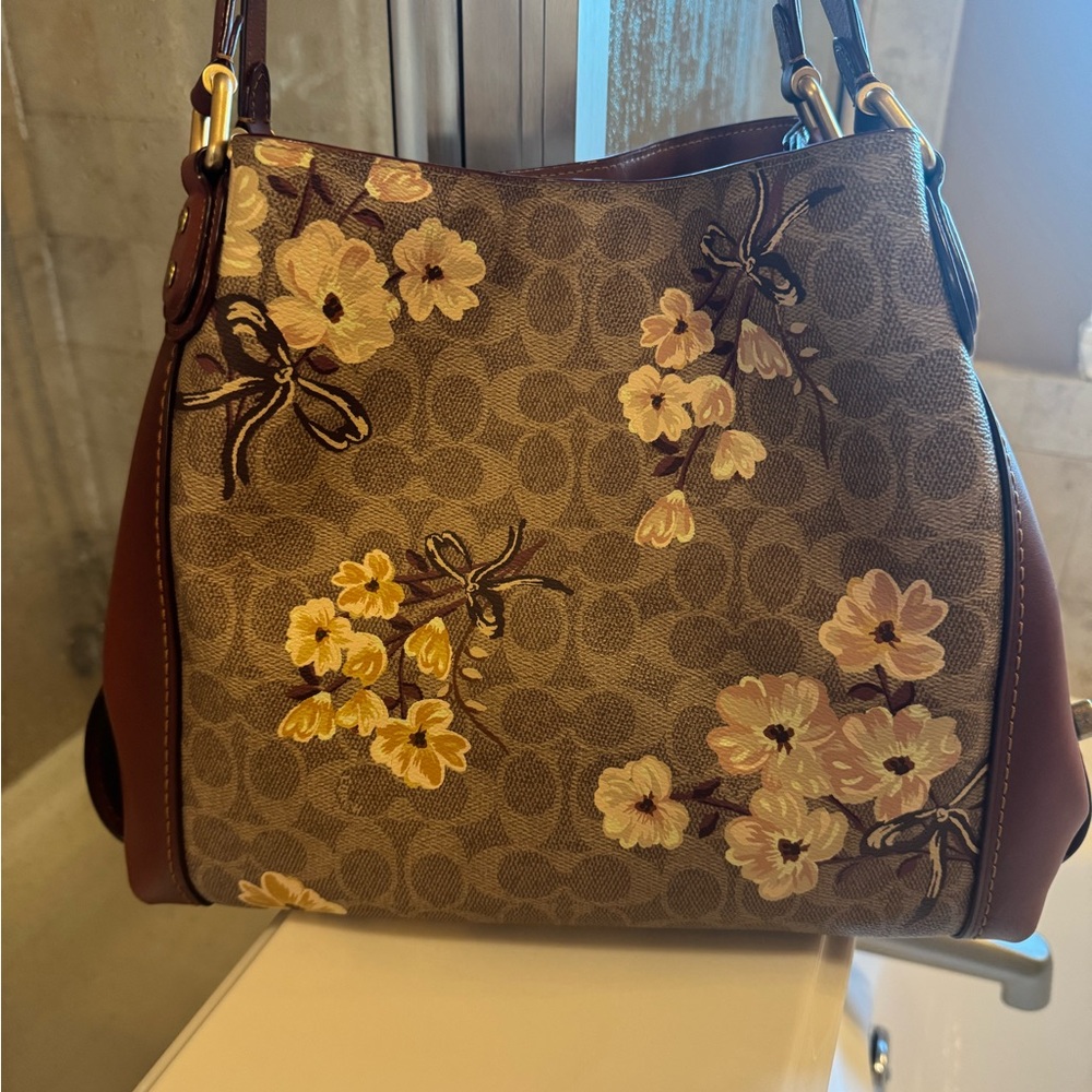 Coach Brown and Cream Floral Shoulder Bag